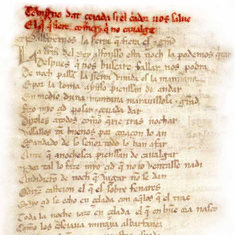 Tras la muerte del Cid comenzó a propagarse su leyenda de boca en boca gracias a juglares y poetas. La manifestación literaria más importante fue el Cantar de mío Cid, un poema de gesta anónimo escrito a finales del siglo XII o principios del XIII. Imagen: una de las hojas del manuscrito del Cantar, que hoy se conserva en la Biblioteca Nacional.