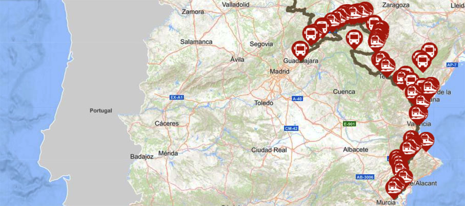 Paradas de autobús y estaciones de trenes georreferenciadas en la web del Camino del Cid