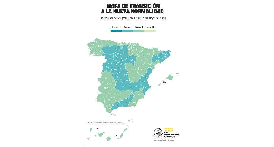 Mapa en el que aparecen reflejadas las fases de la desescalada. Fuente: Ministerio de Sanidad