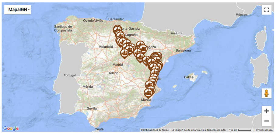 Mapa del Visor Cartográfico con los Conjuntos Históricos del Camino del Cid