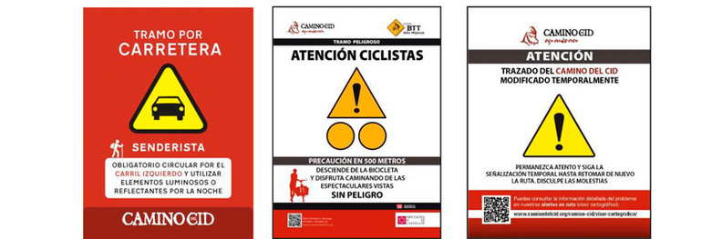 Diversos carteles de aviso del Camino del Cid