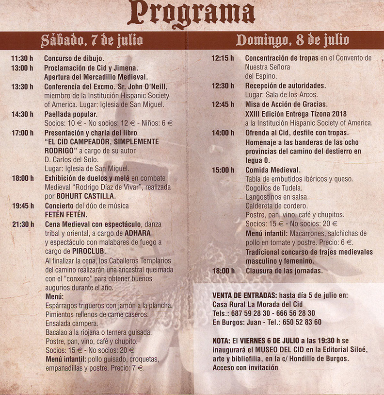 Programa de los actos de las Jornadas Medievales de Vivar del Cid