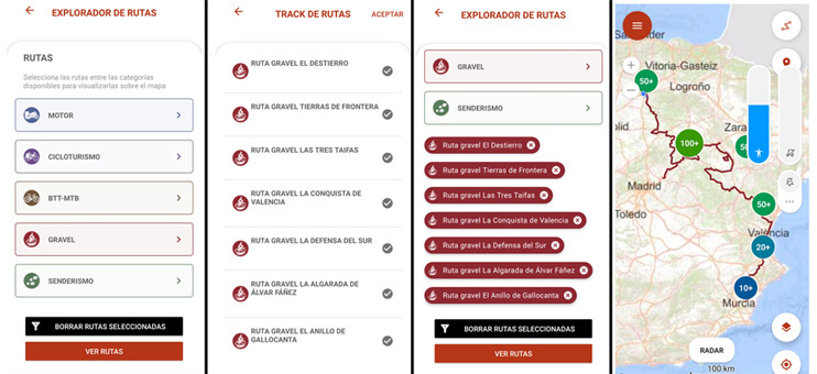 Imgenes de la app mvil del Camino del Cid y su acceso a las rutas gravel