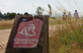 Baliza senderista del Camino del Cid. Respeta la señalización que te encuentres: dañar, tirar o cambiar una señal significa que los que vayan detrás de ti podrían perderse / ALC.